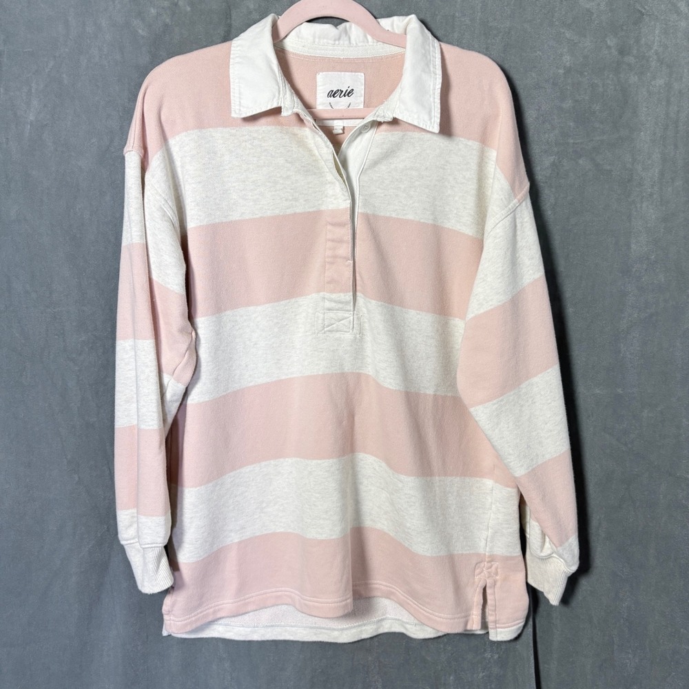 Aerie Pink Striped Oversized Rugby Shirt Small Pep Rally Polo Sweatshirt